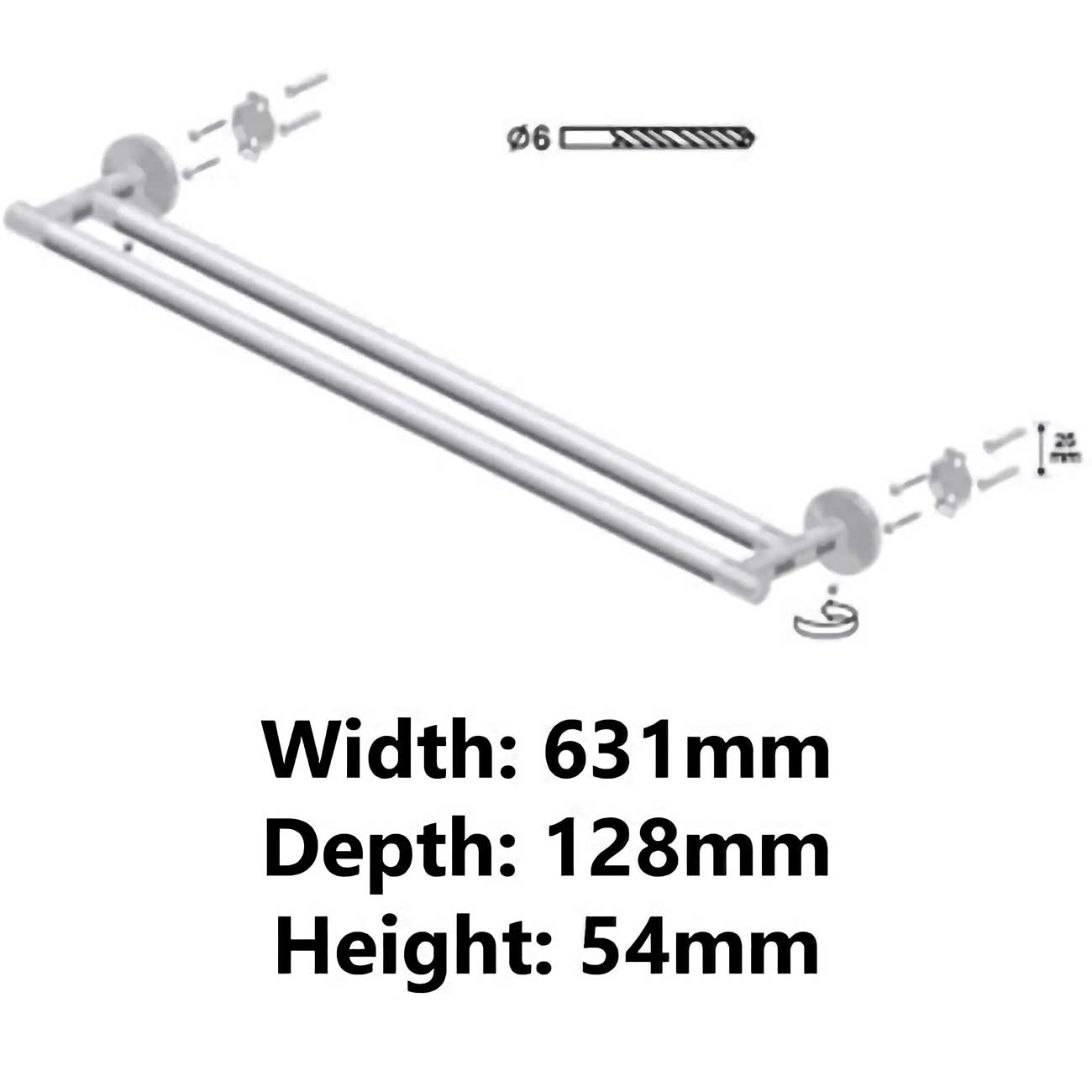 610mm Wood Double Towel Rail Wall Mounted Rack Bar Hanger Towel Rails and Rings