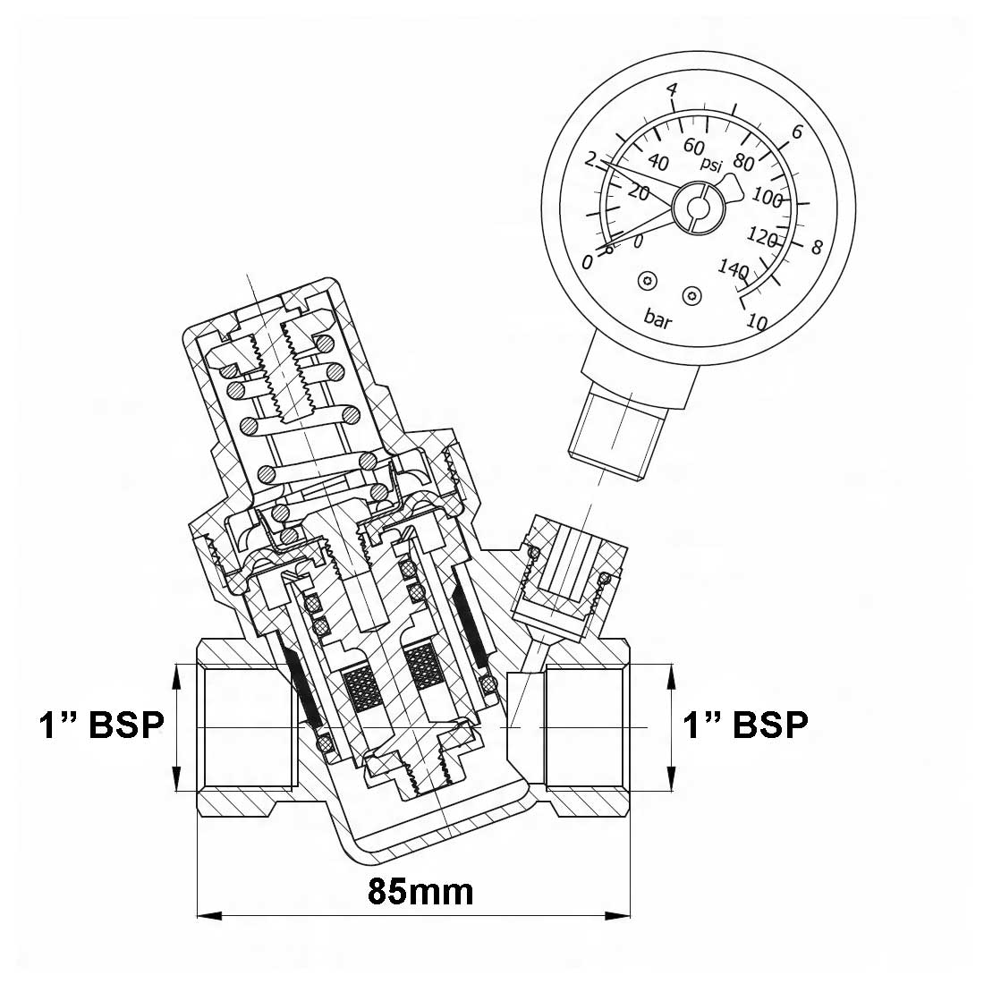 1" BSP Pressure Reducing Valve With Gauge Female 1-6 BAR