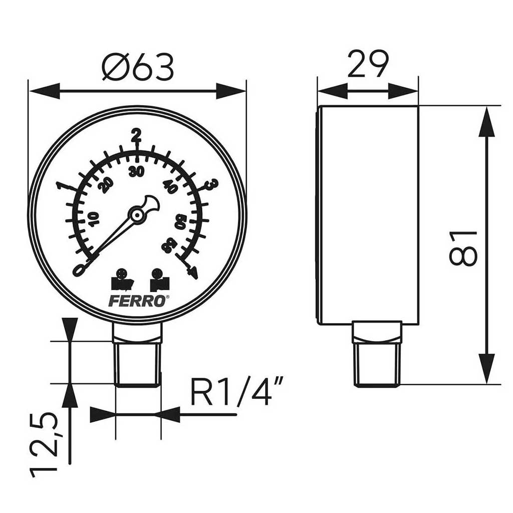 Pressure Gauge Water 1/4 Side/Bottom Entry 60mm Dial Pressure Gauges, 908c, 908d, 123, 126a, 124