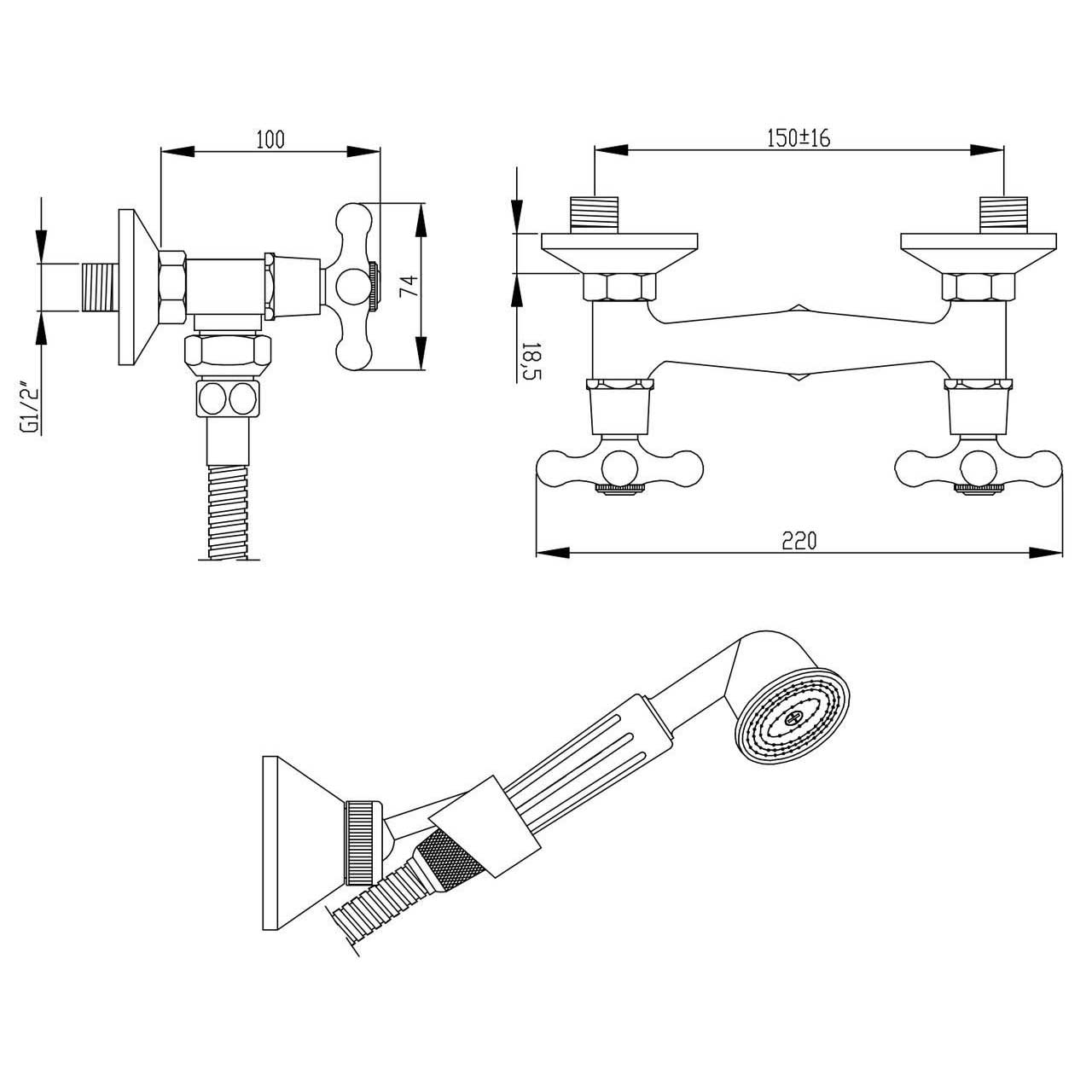 Traditional Cross Head Shower Mixer Wall Mounted Kit Chrome - Shower Mixers