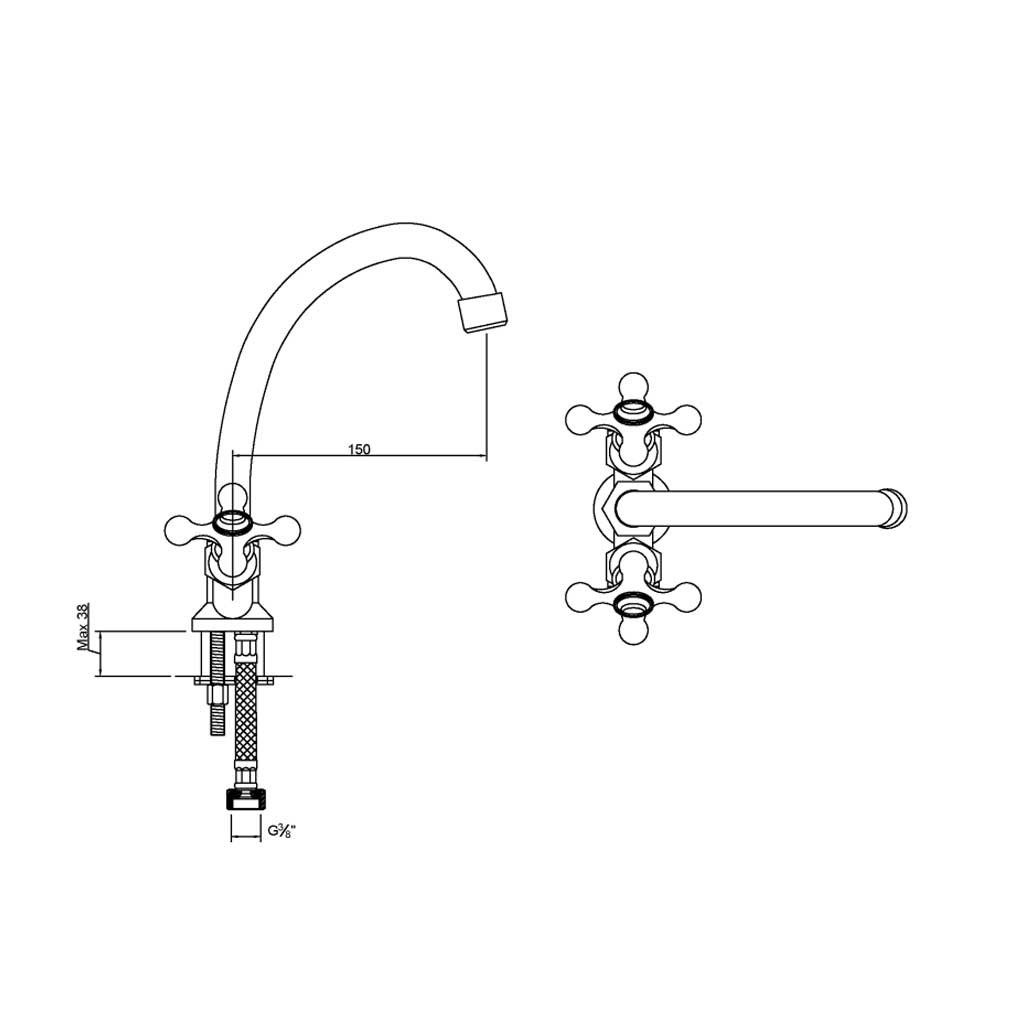 Cross Head Kitchen Tap Deck Mounted Two Handles Monobloc - Kitchen Taps