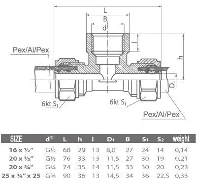 16mm x 1/2 Inch Female x 16mm PEX Compression Fittings Tee - Compression Fittings