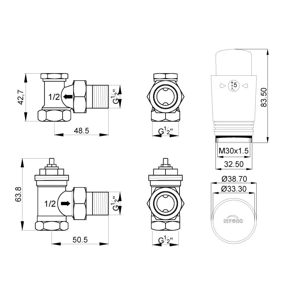 Chrome Thermostatic Radiator Valves 1/2 BSP Angled Radiator Valves 234a