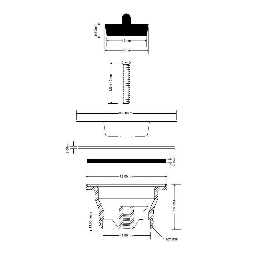 BSW6P McAlpine Sink Waste 1.5" x 85mm Technical Drawing