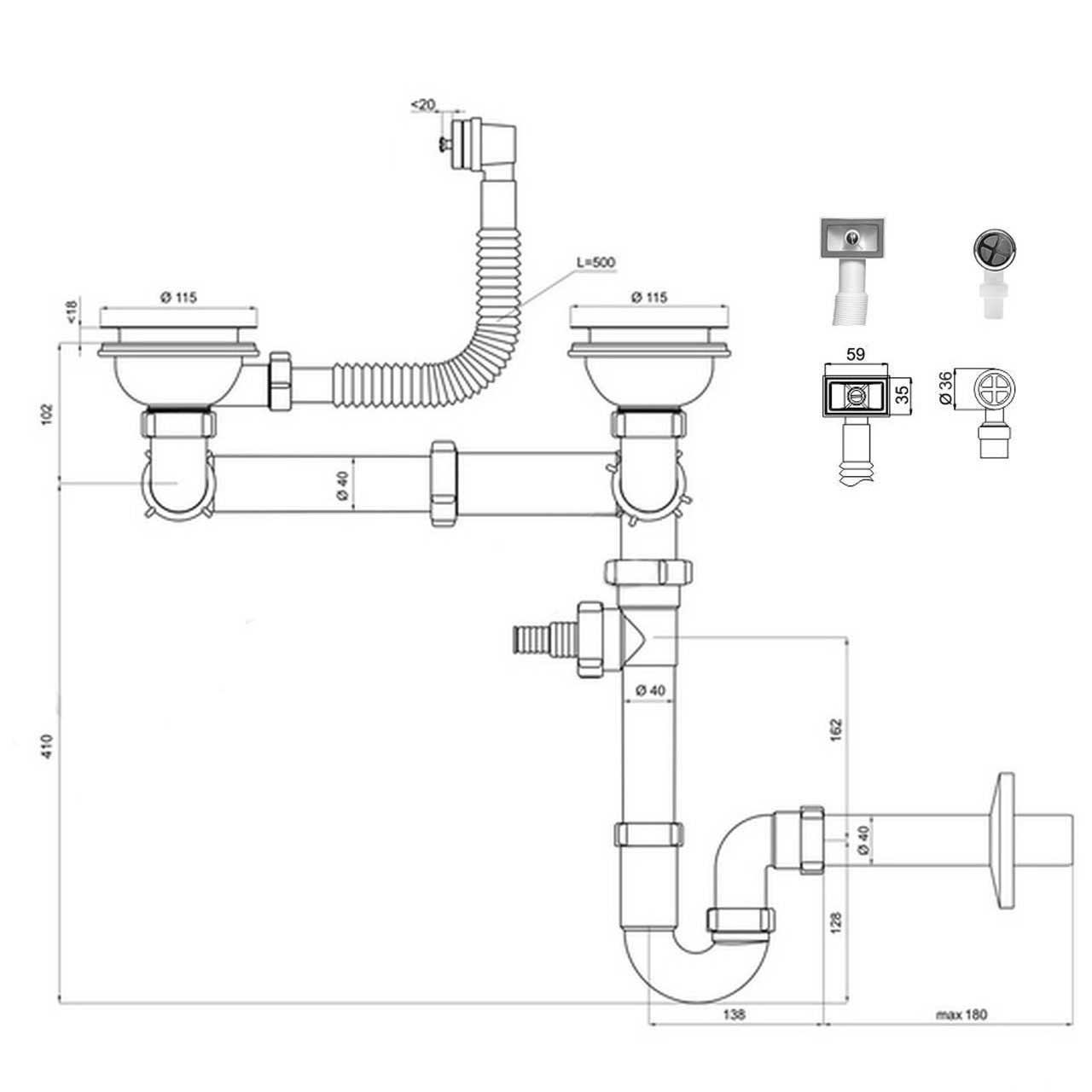 115mm Stainless Steel Double Kitchen Sink Waste Trap U Kit - Kitchen Sink Waste Traps