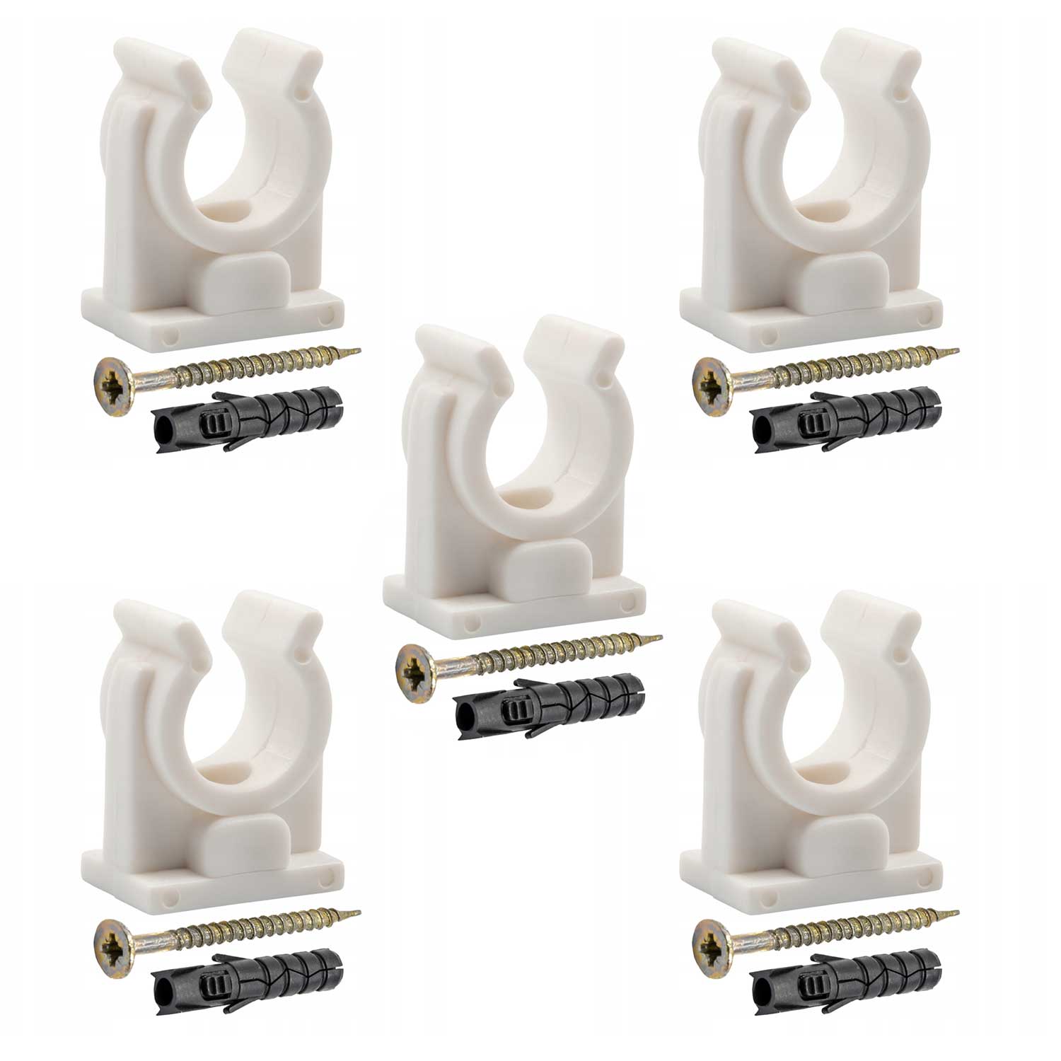 5 x Single Pipe Clip Snap Wall Bracket Plastic With Fixings Pipe Clamps