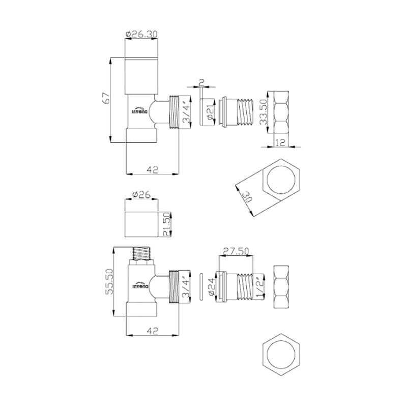 angled radiator valves set dimensions