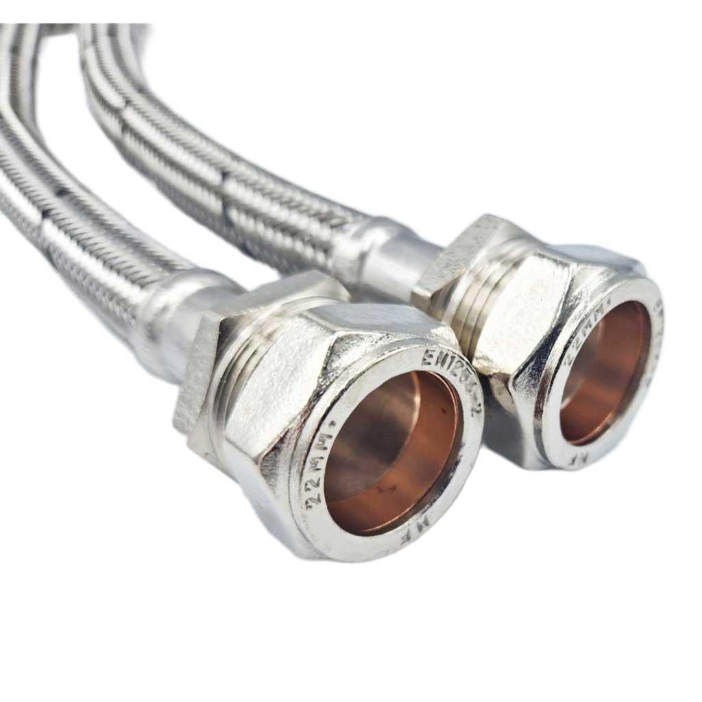 Pair Of Flexible Hose Pipes Connectors Tails 22mm x 22mm Compression 300mm WRAS - plumbing4home