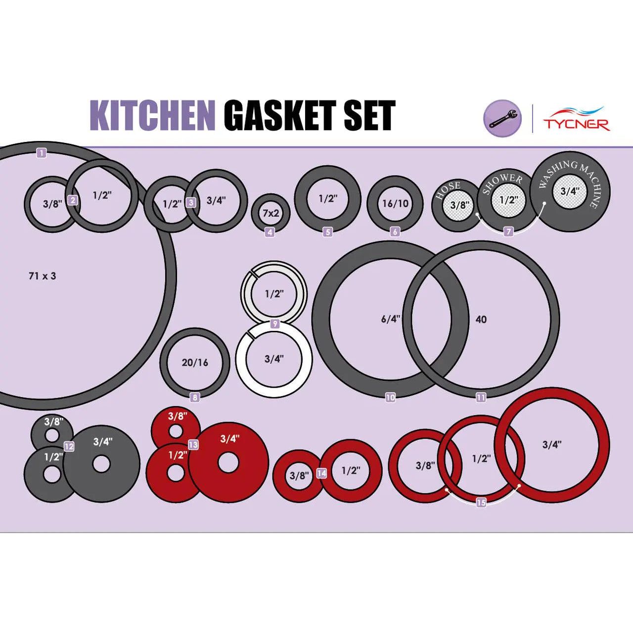 54 pcs Kitchen Gaskets Universal Rubber Fibre Washer Set Nuts Bolts and Washers