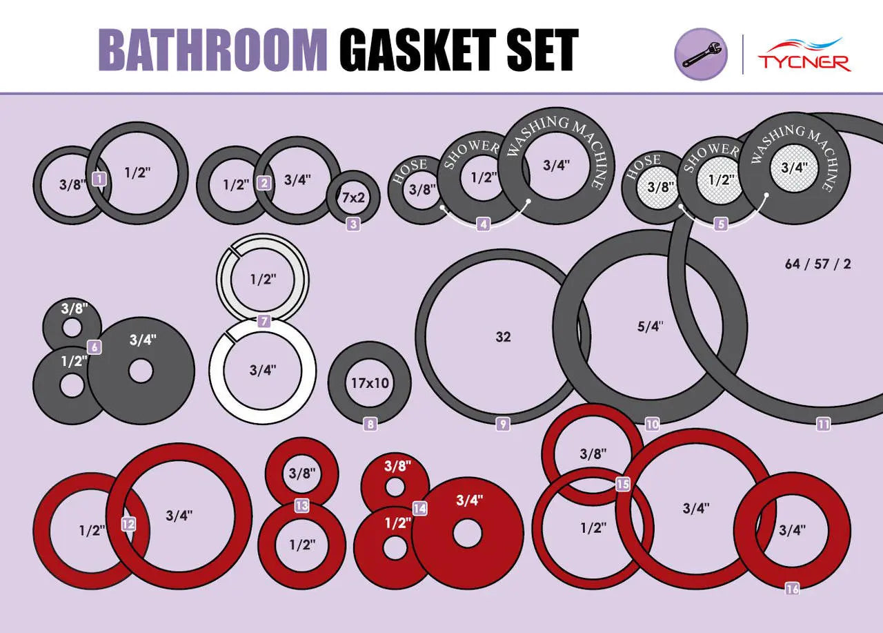 62 pcs Bathroom Gaskets Rubber Fibre Washer Various Sizes Nuts Bolts and Washers