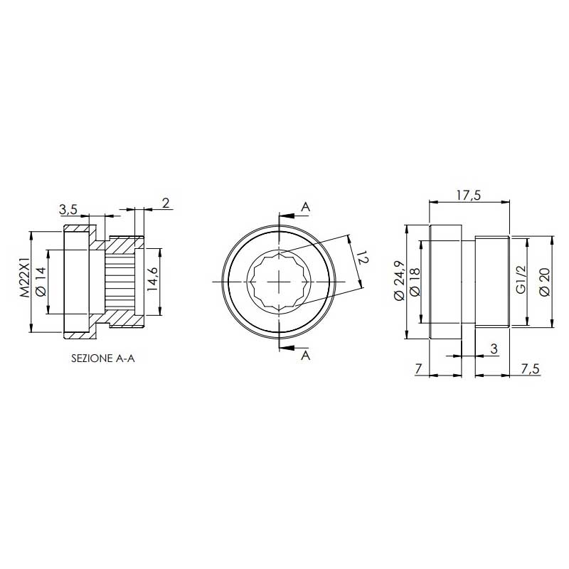 water tap spout reducer 24mm female to 1/2" BSP male size chart drawing