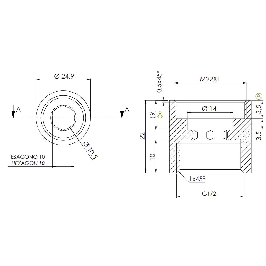 Metal Adaptor Reduction Water Faucet Tap 22mm Female to 1/2" BSP Female Joiner dimensions chart