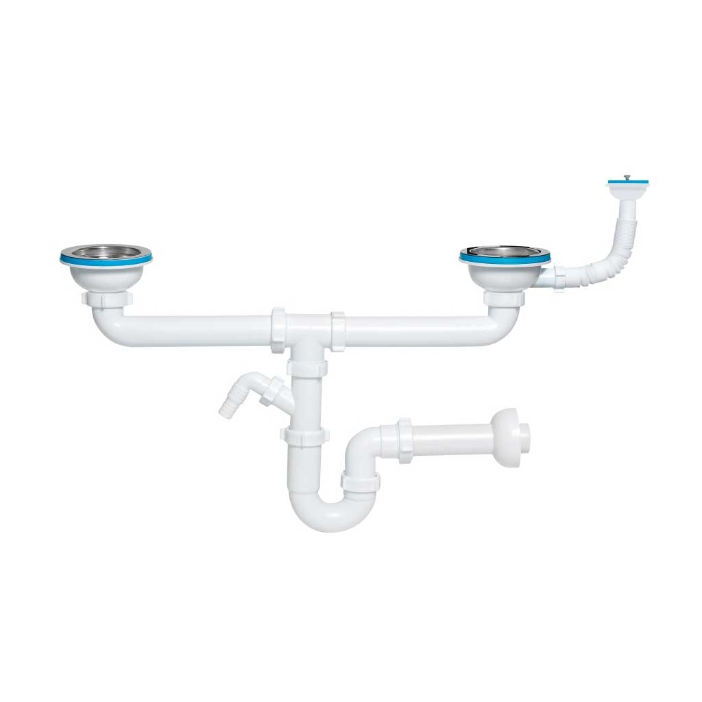 115mm Double Kitchen Sink Drain Waste P-Trap With Overflow - Kitchen Sink Waste Traps