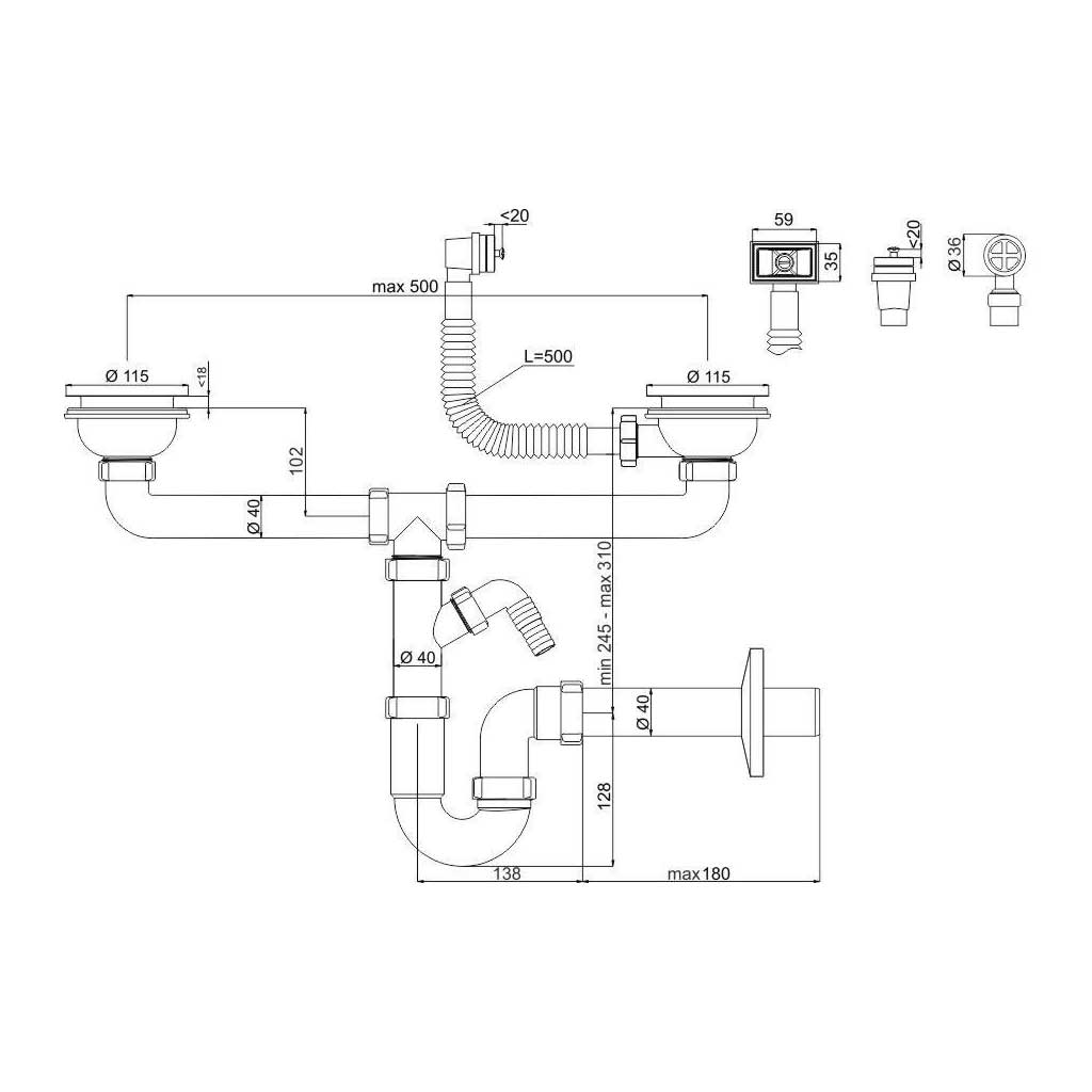 115mm Double Kitchen Sink Drain Waste P-Trap With Overflow - Kitchen Sink Waste Traps