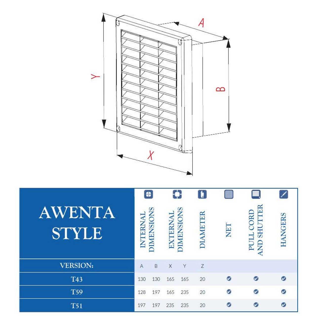 Wall Ventilation Grille Cover Net Pullcord Shutter 130-200mm Vent Air Covers, 761a, 761b, 761c