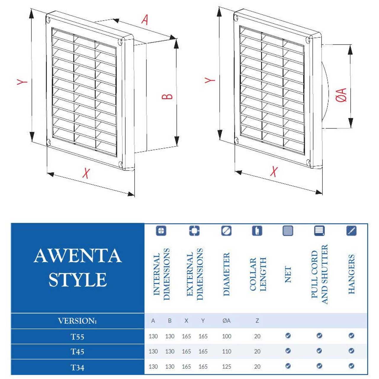 Wall Air Vent Grill Cover Net Pull Cord Shutter 100-125mm Vent Air Covers, 762a, 762b, 762c