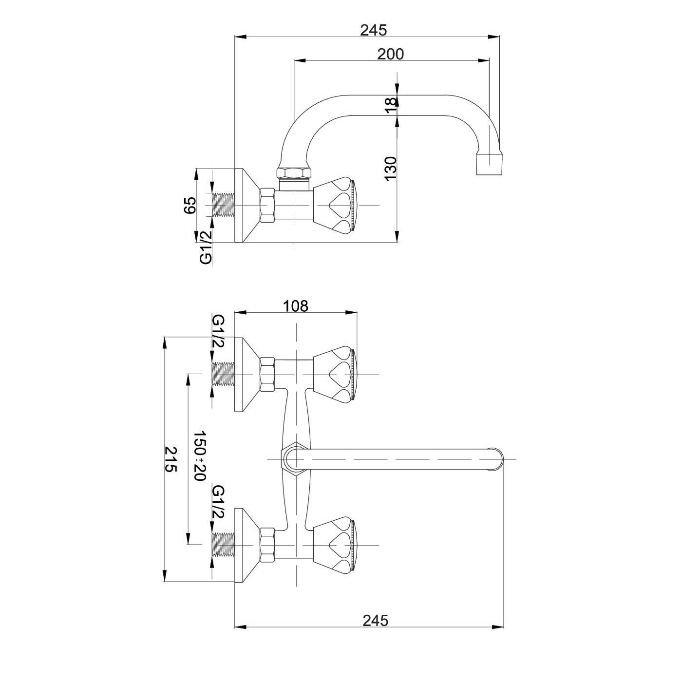 Chromed Classic Kitchen Tap Wall Mounted Swivel Spout Kitchen Taps