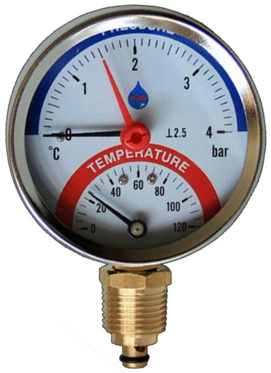 Bottom Entry Temperature Pressure Gauge 120C 1/2 80mm Dial - plumbing4home