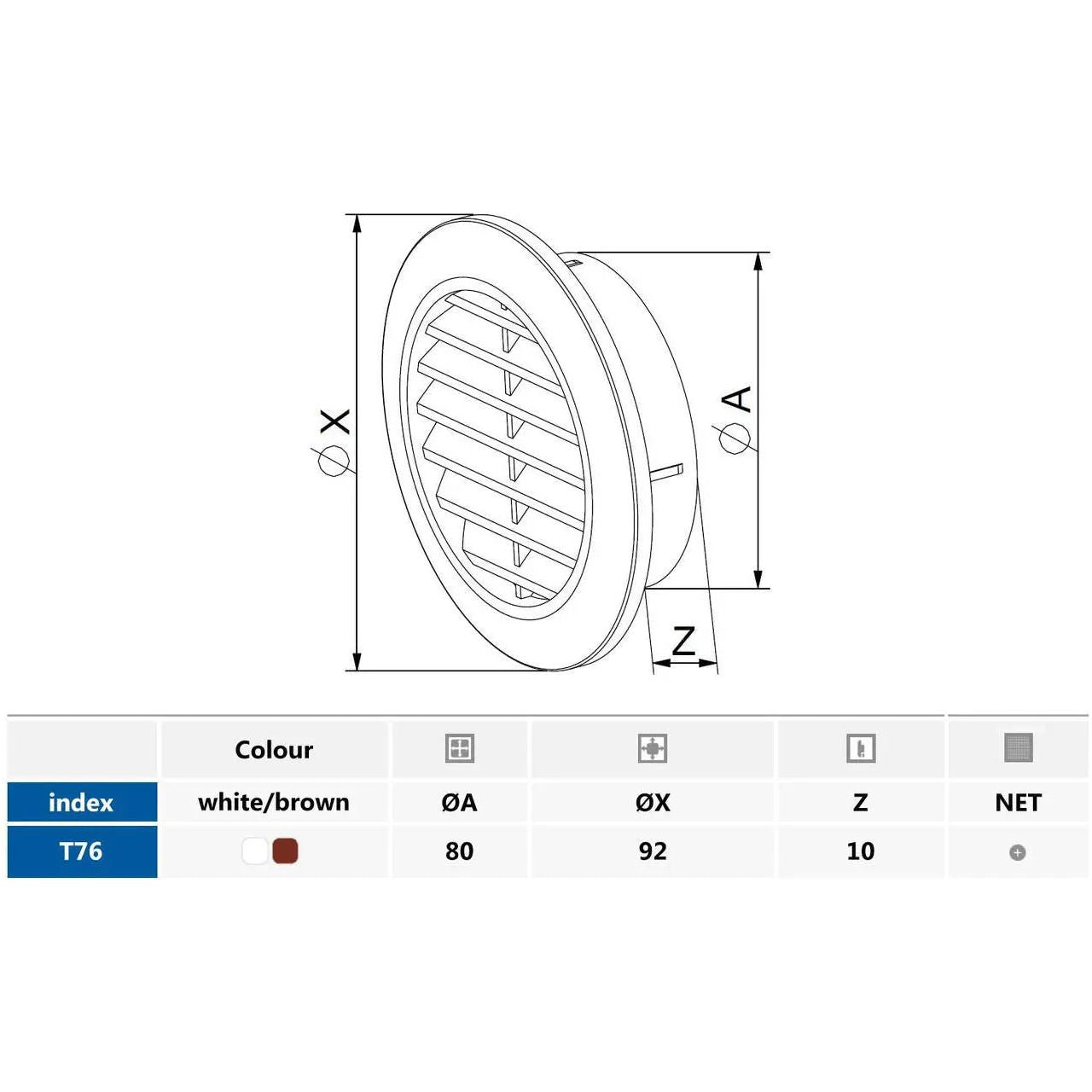 80mm Round Door Hole Air Vent Grille Cover White/Brown Door Vents, A026a, A026b