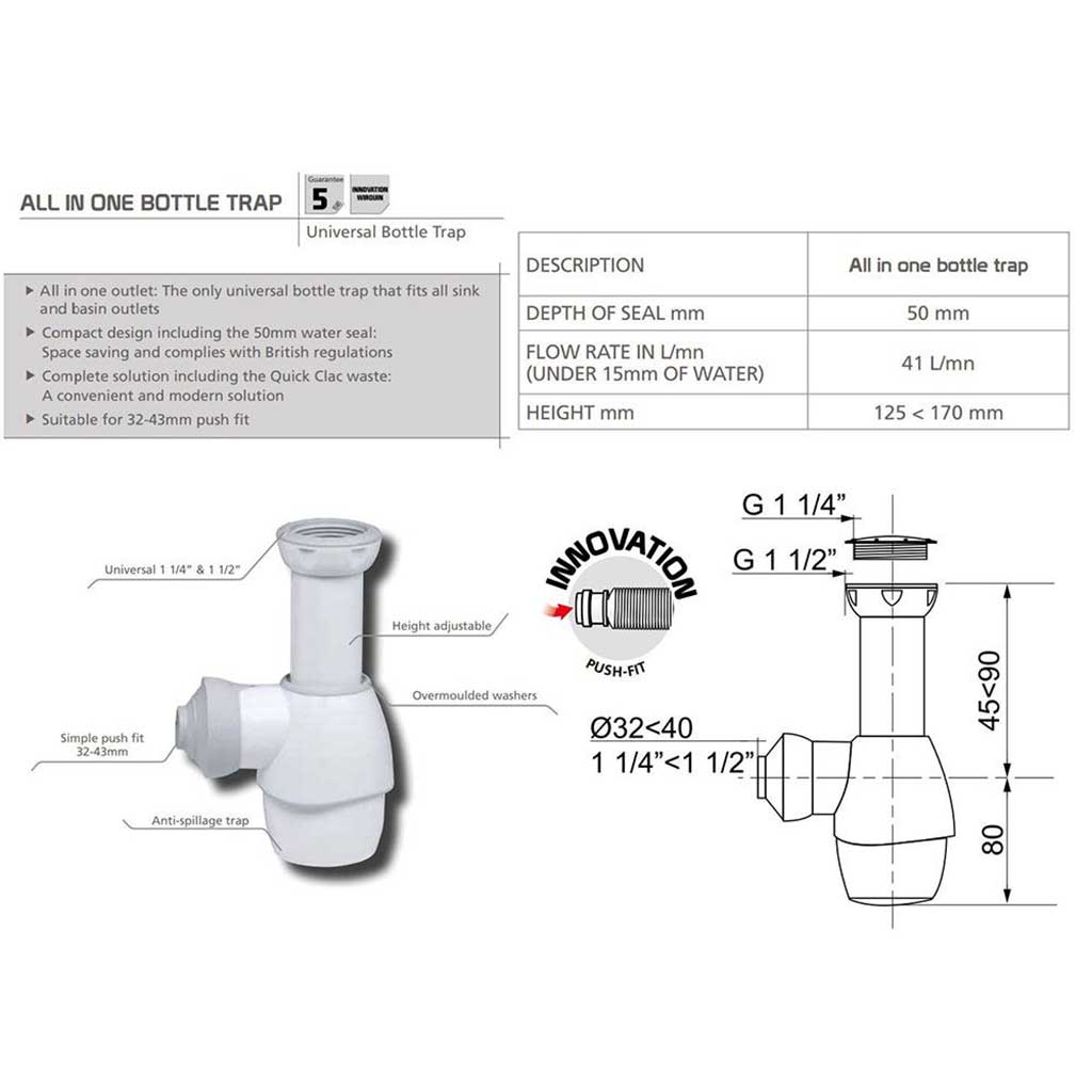 Universal 32-43mm Push Fit Basin Sink Bottle Waste Trap Bathroom Sink Waste Traps