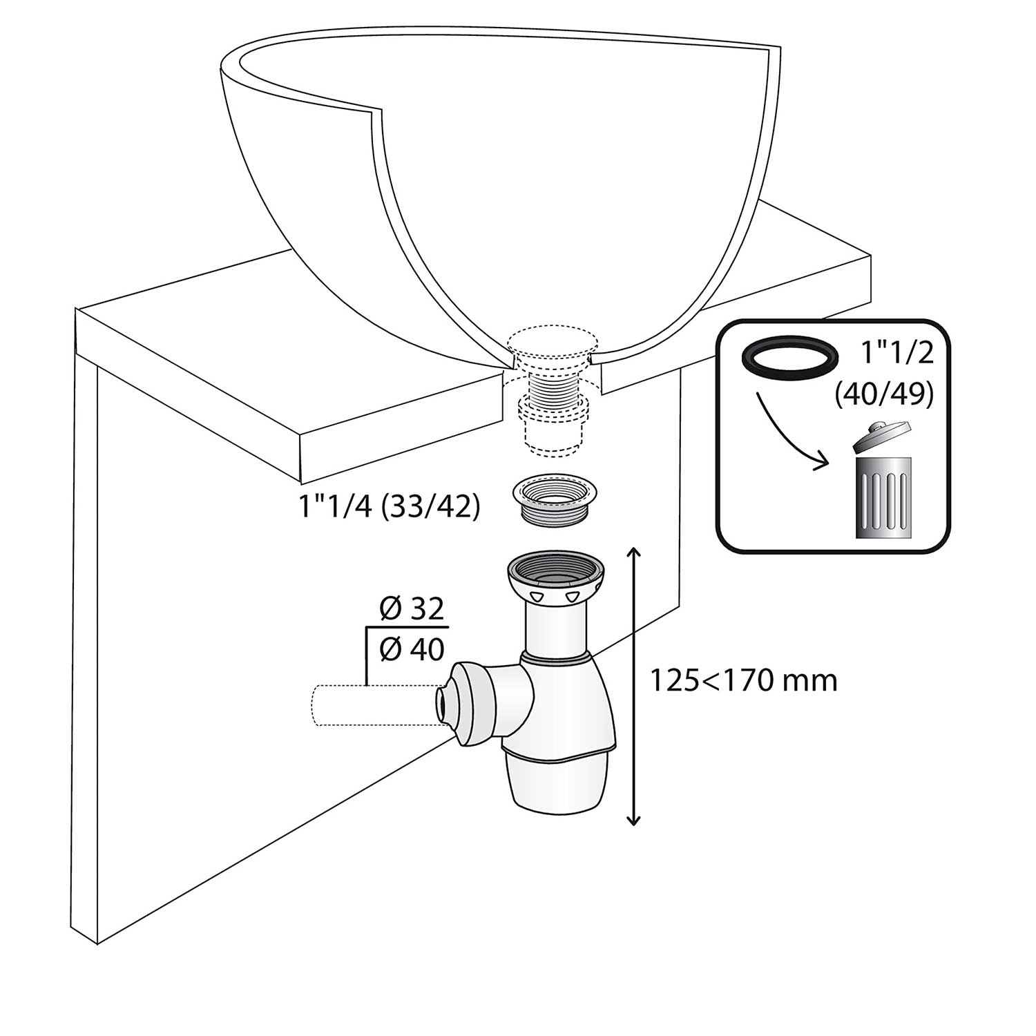 Universal 32-43mm Push Fit Basin Sink Bottle Waste Trap Bathroom Sink Waste Traps