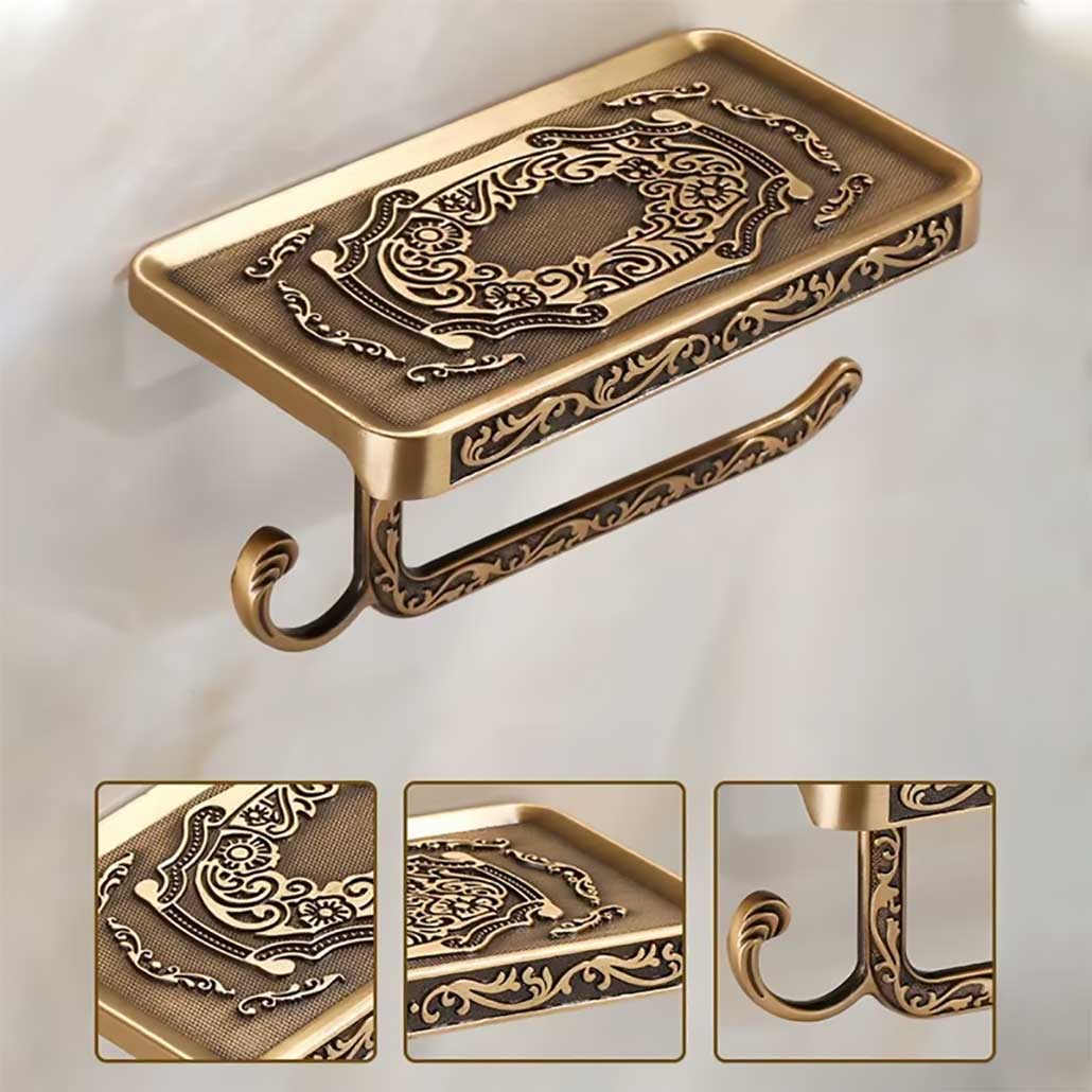 Toilet Roll Holder Phone Shelf Wall Mounted Antique Brass