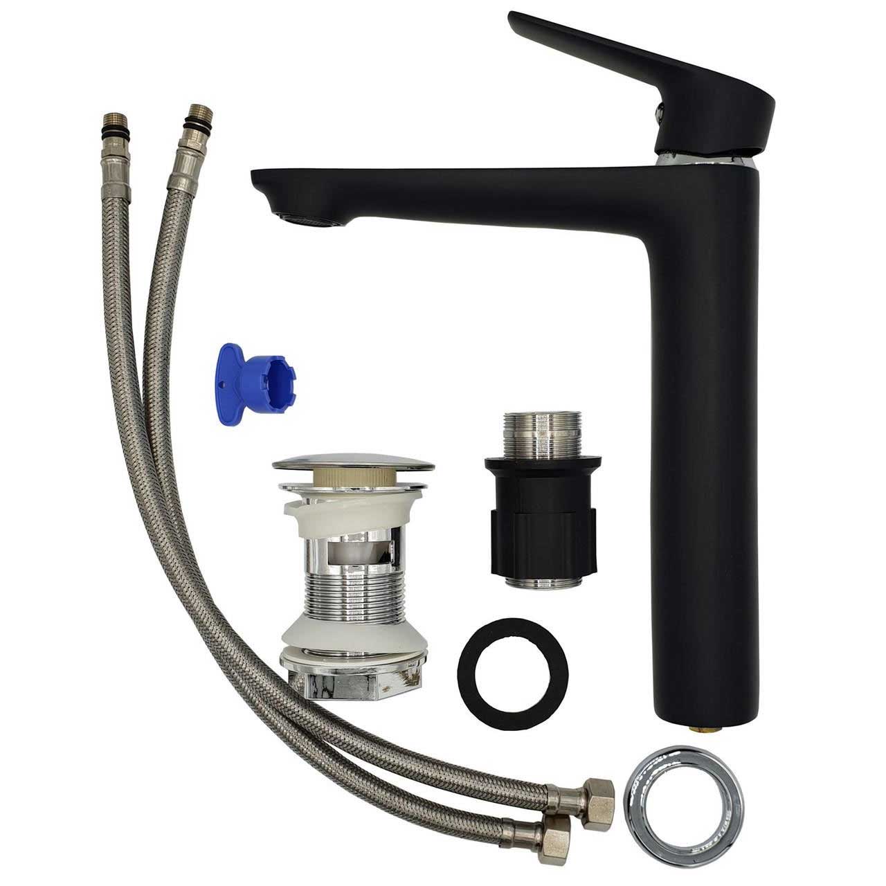 Graphite/Chrome Tall Bathroom Sink Mixer Tap Single Lever