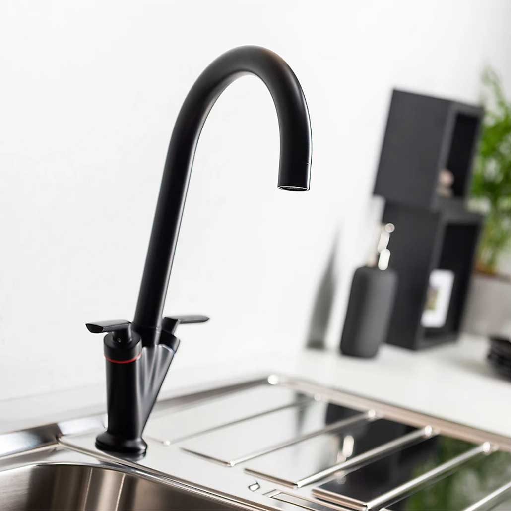 Modern Black Kitchen Mixer Tap Sink Mounted Two Levers