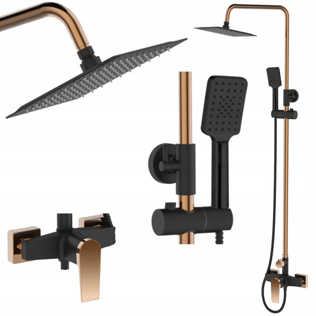 Black/Rose Gold Shower Valve Riser Rainfall Head Set Square