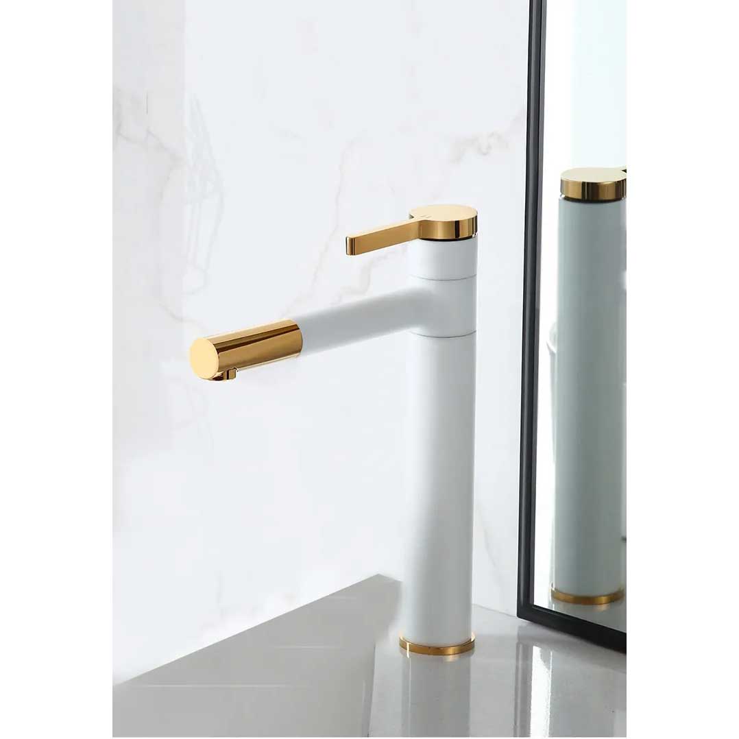 Bathroom Tall Basin Mixer Tap White Base Gold Finished Basin Taps