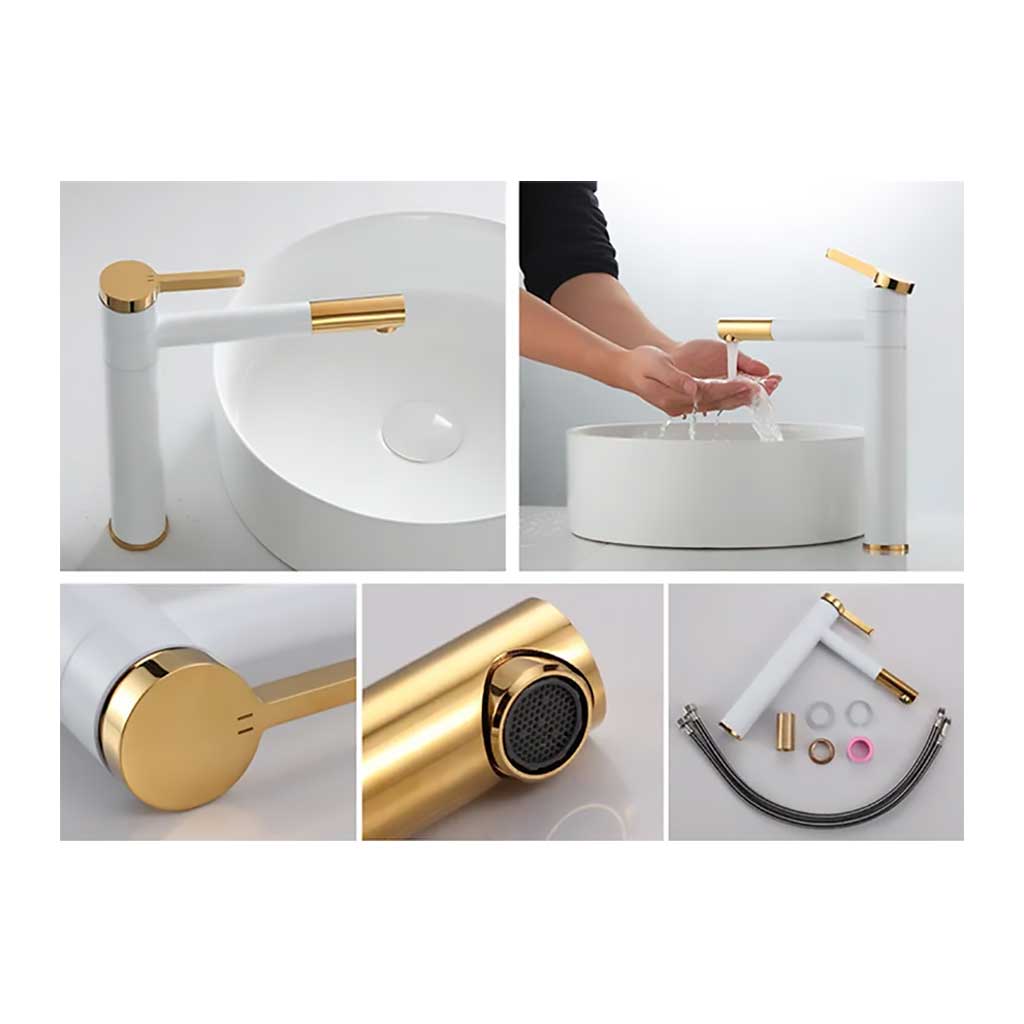 Bathroom Tall Basin Mixer Tap White Base Gold Finished Basin Taps