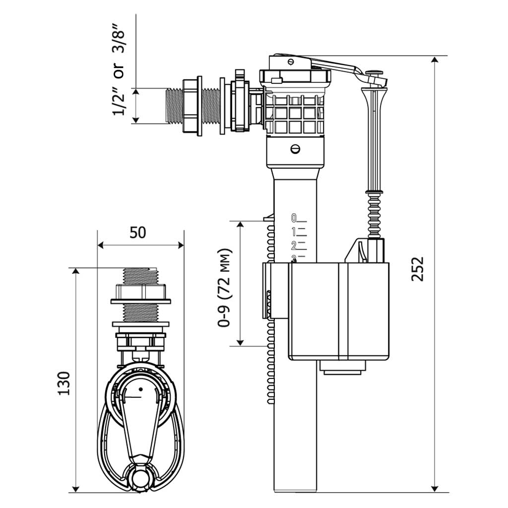 Toilet Cistern Fill Valve Side Feed Universal Size 1/2 3/8 Inch BSP