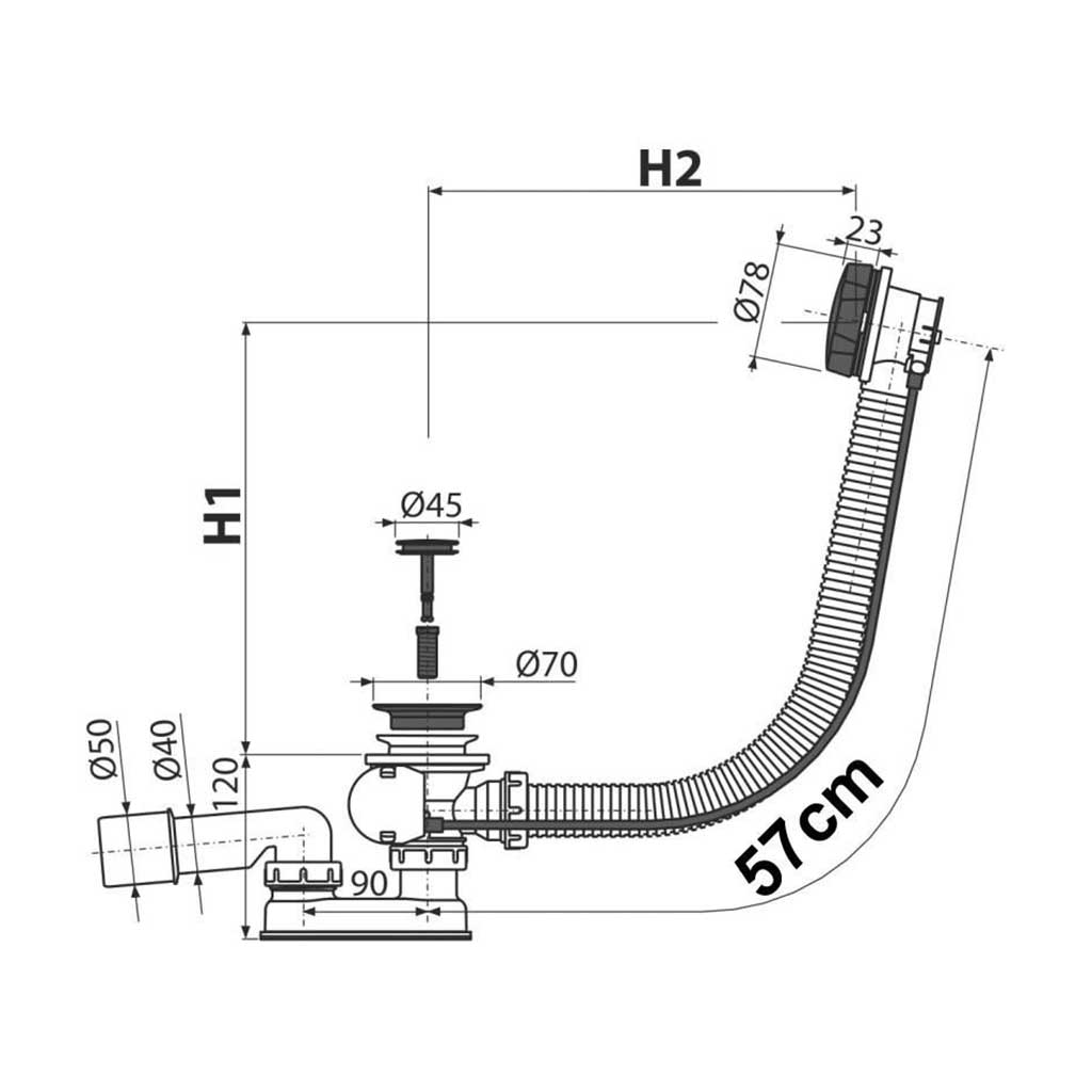 Gold Finished Bathtub Waste With Overflow Flexible Bath Waste