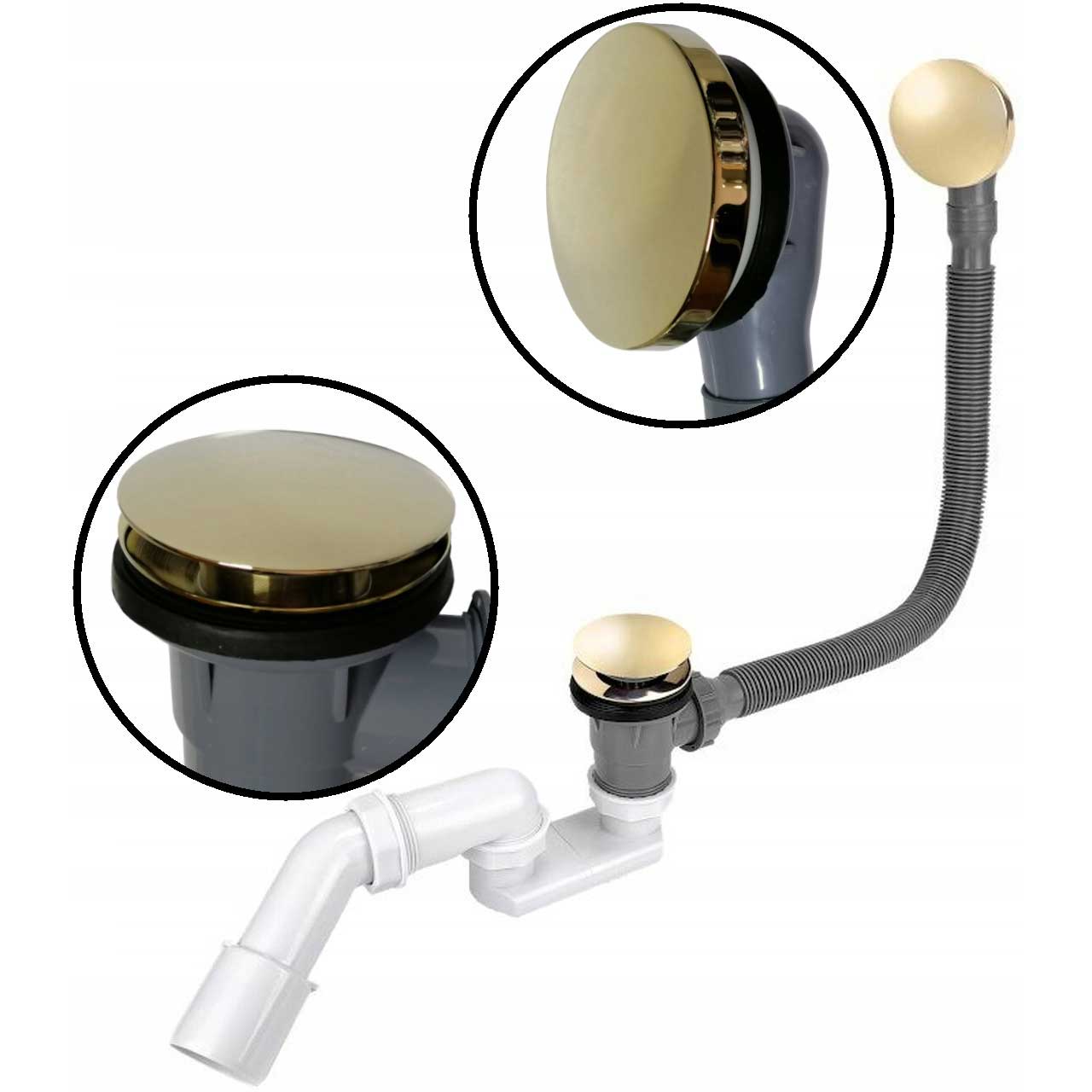 Bath Waste With Overflow In Gold With Long Flexible Siphon Bath Waste