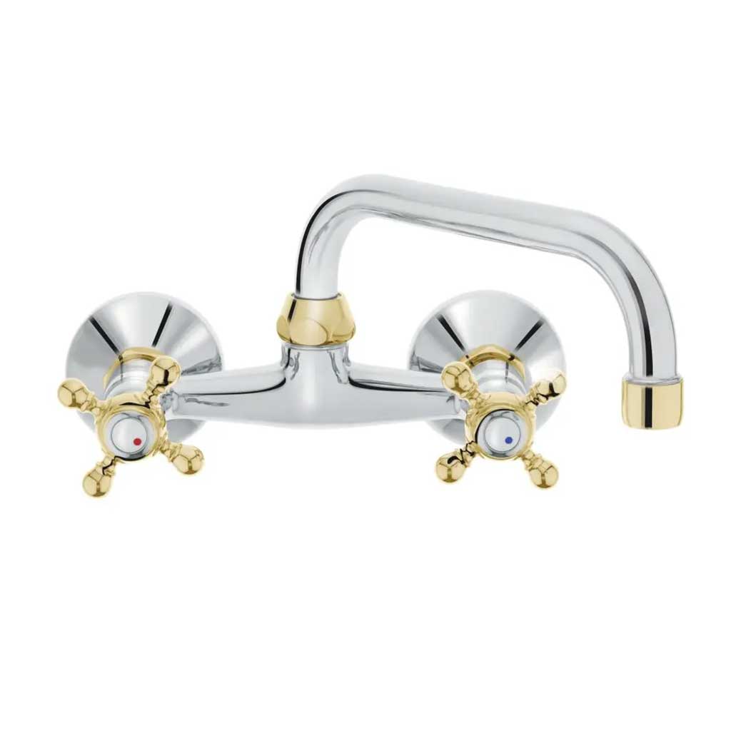 Chrome Gold Kitchen Tap Wall Mounted Cross Head Swivel Spout Kitchen Taps