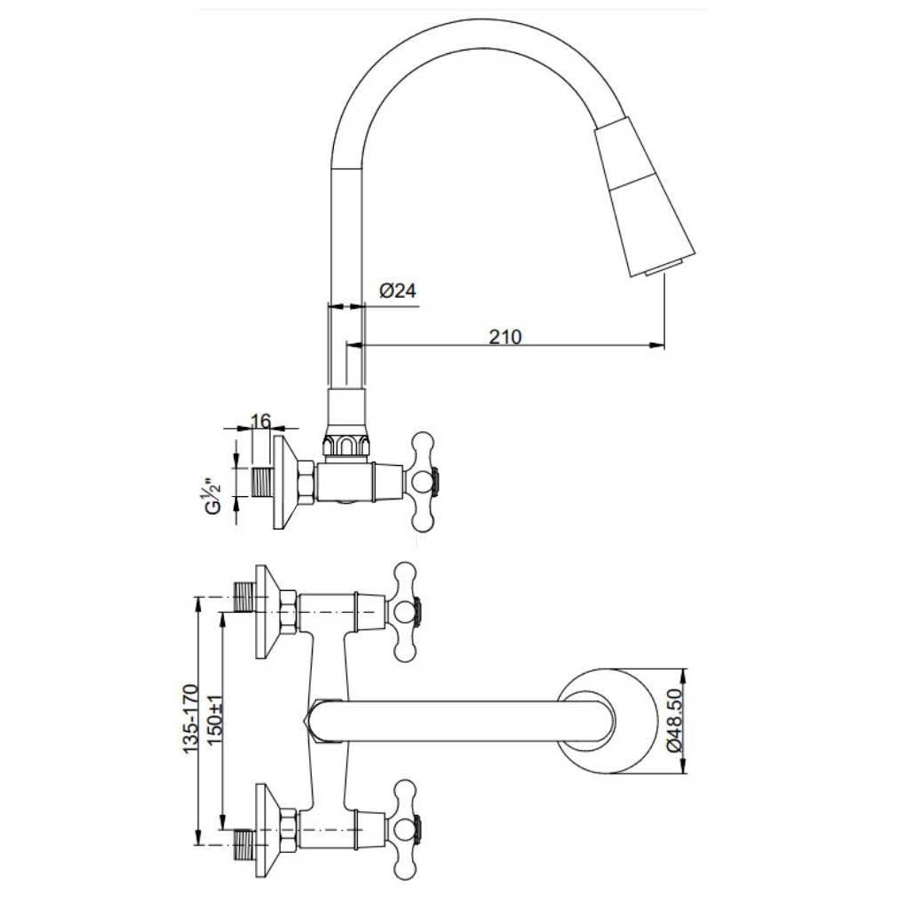 Kitchen Tap Chrome Flexible Spout Wall Mounted Cross Heads Kitchen Taps, A593a, A593b, A593c, A593d,