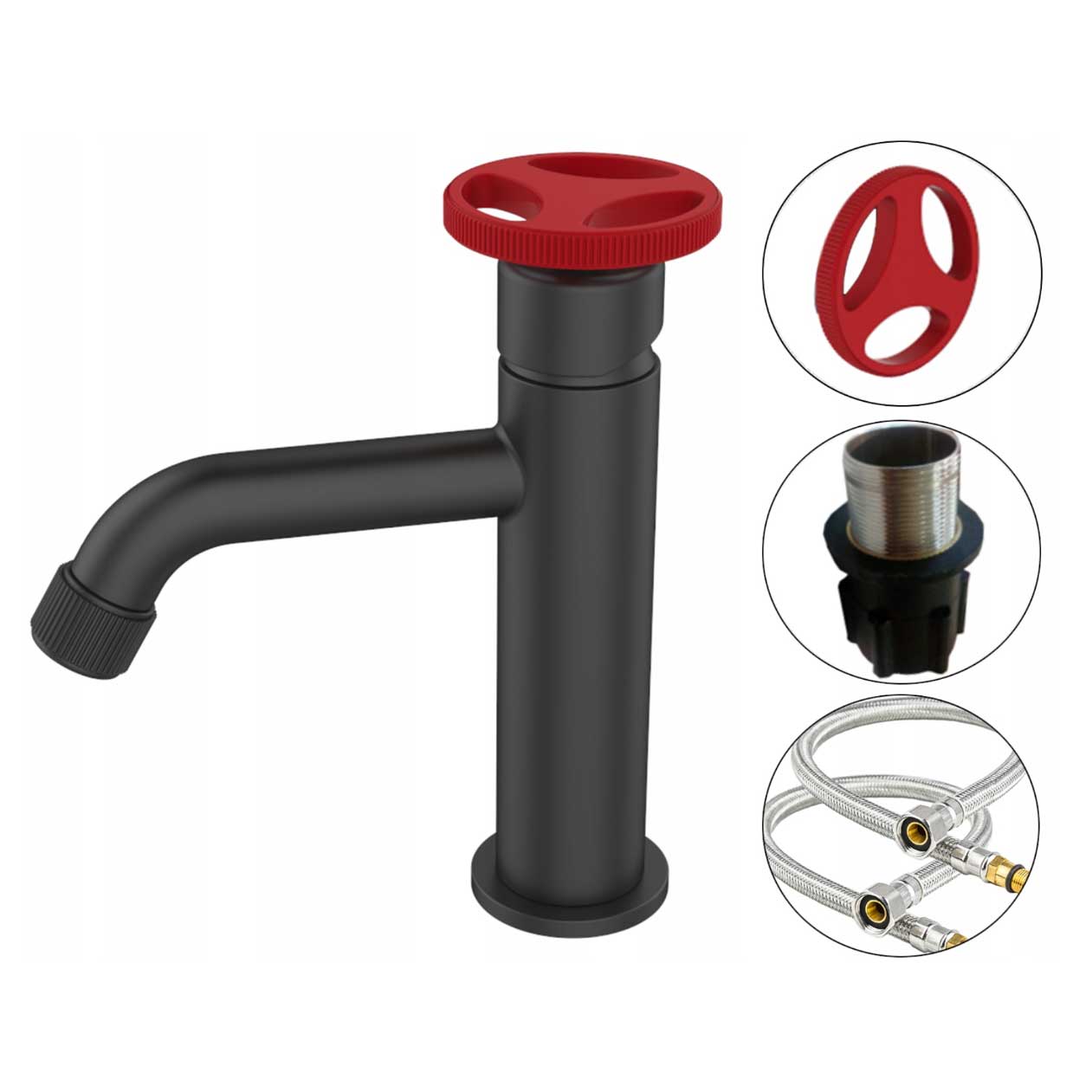 Industrial Style Basin Mixer Tap Black with Red Handle Basin Taps