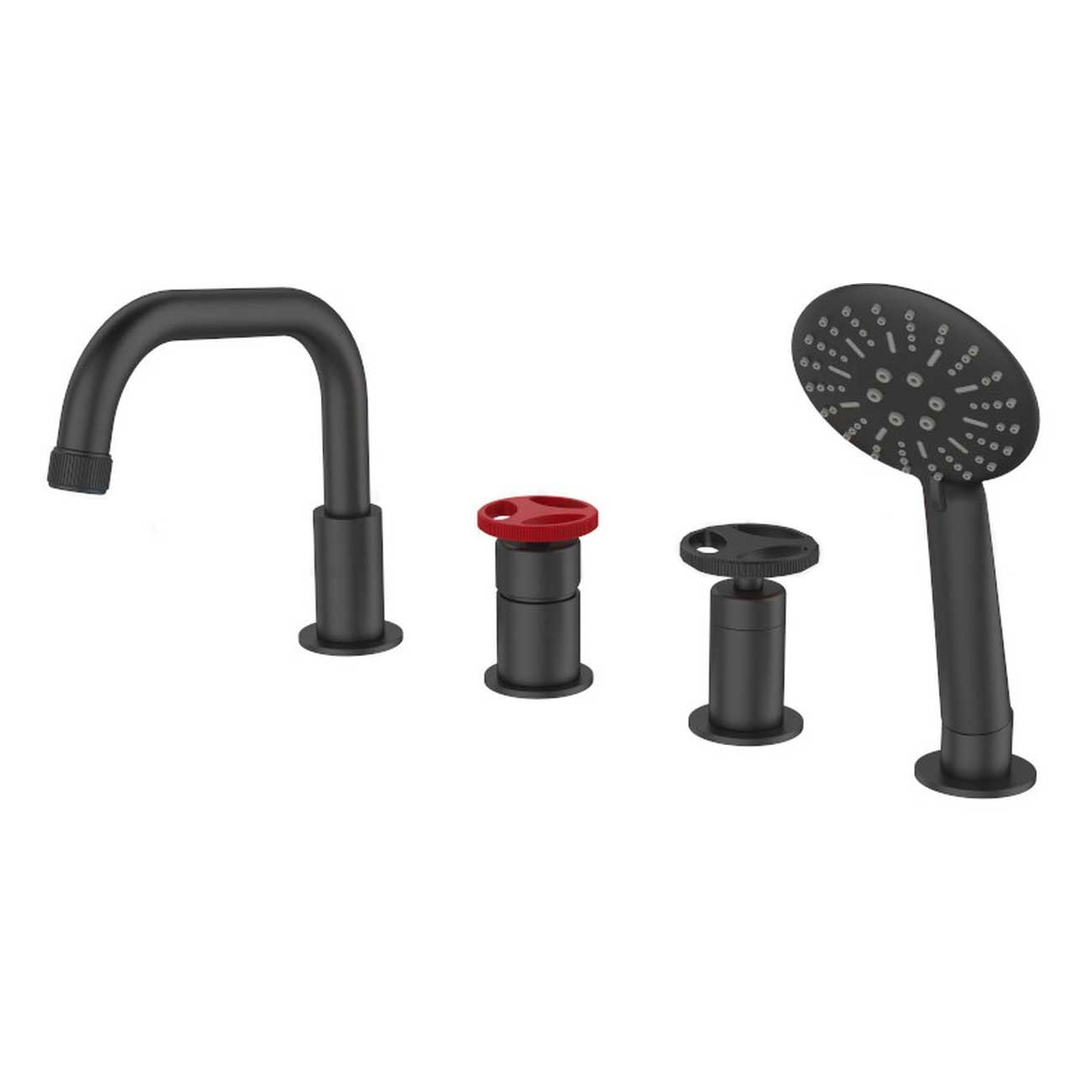 Industrial Style Bathtub Tap Black Red Handle 4 Hole Mount Bath Taps