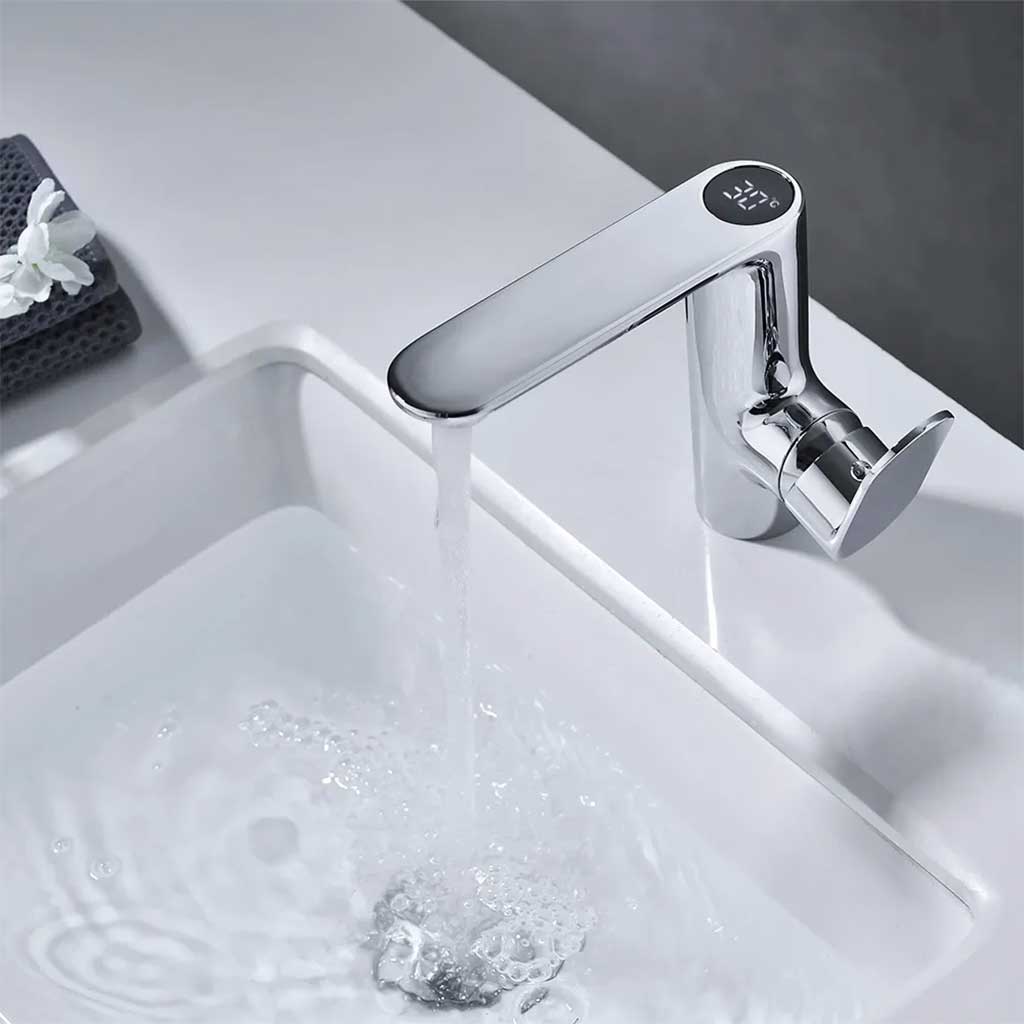 Chrome Bathroom Sink Tap With LCD Temperature Indicator Basin Taps