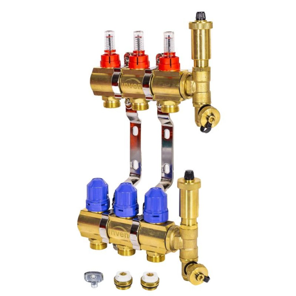 Brass Underfloor Heating Manifold 3 Circuits Plane Set Underfloor Heating Manifolds