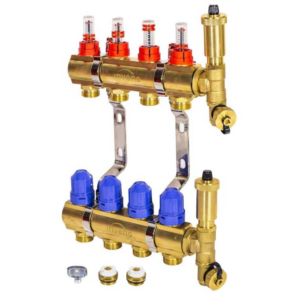 Brass Underfloor Heating Manifold 4 Circuits Plane Set Underfloor Heating Manifolds