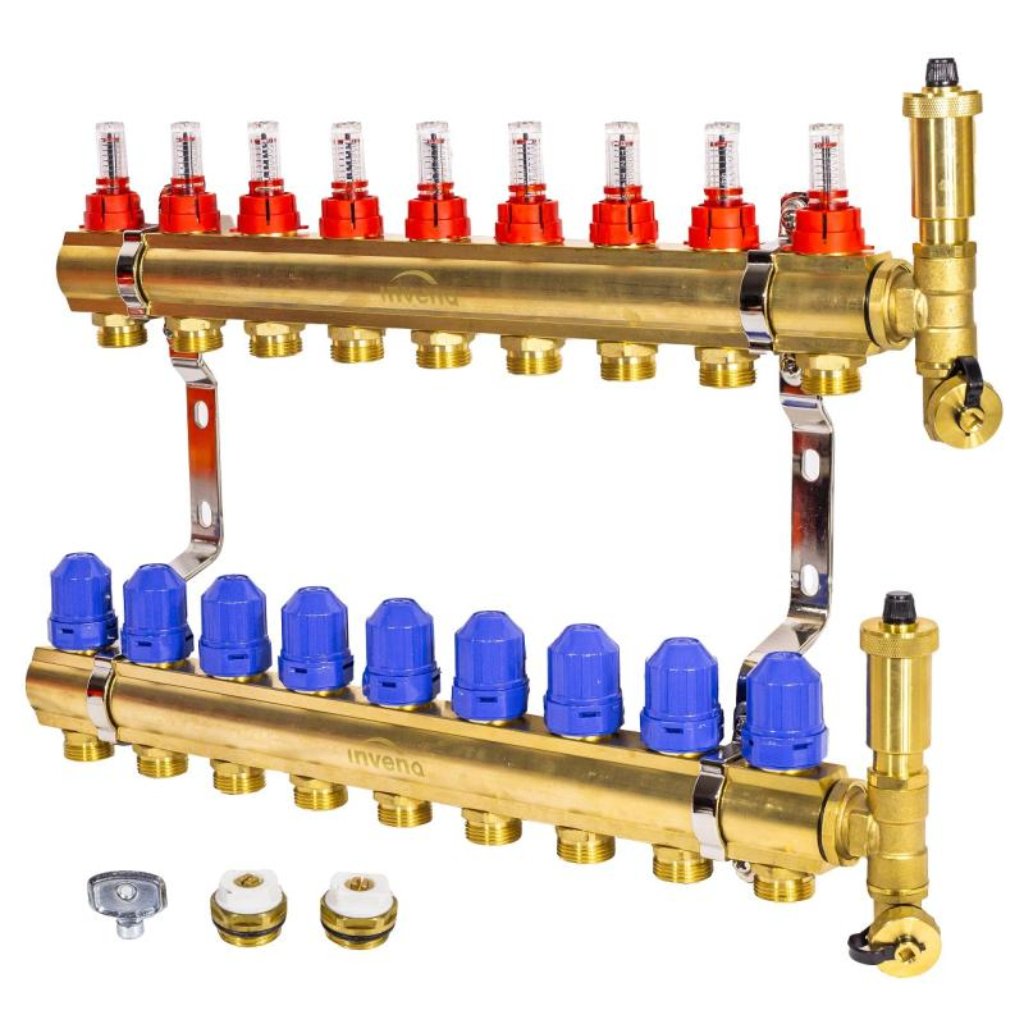 Brass Underfloor Heating Manifold 9 Circuits Plane Set Underfloor Heating Manifolds