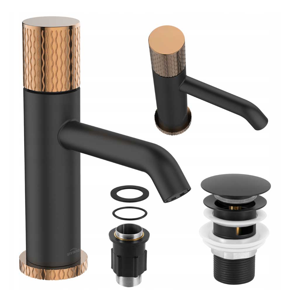 Black Dark Gold Bathroom Sink Tap Engraved Monobloc Basin Taps