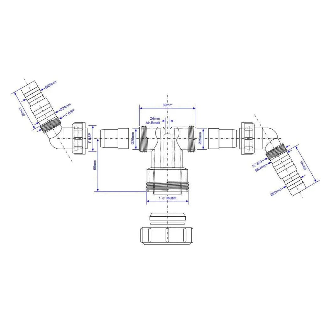 V33WM McAlpine Twin Connection Washing Machine Tee 1 1/2" Dishwasher and Washing Machine Accessories