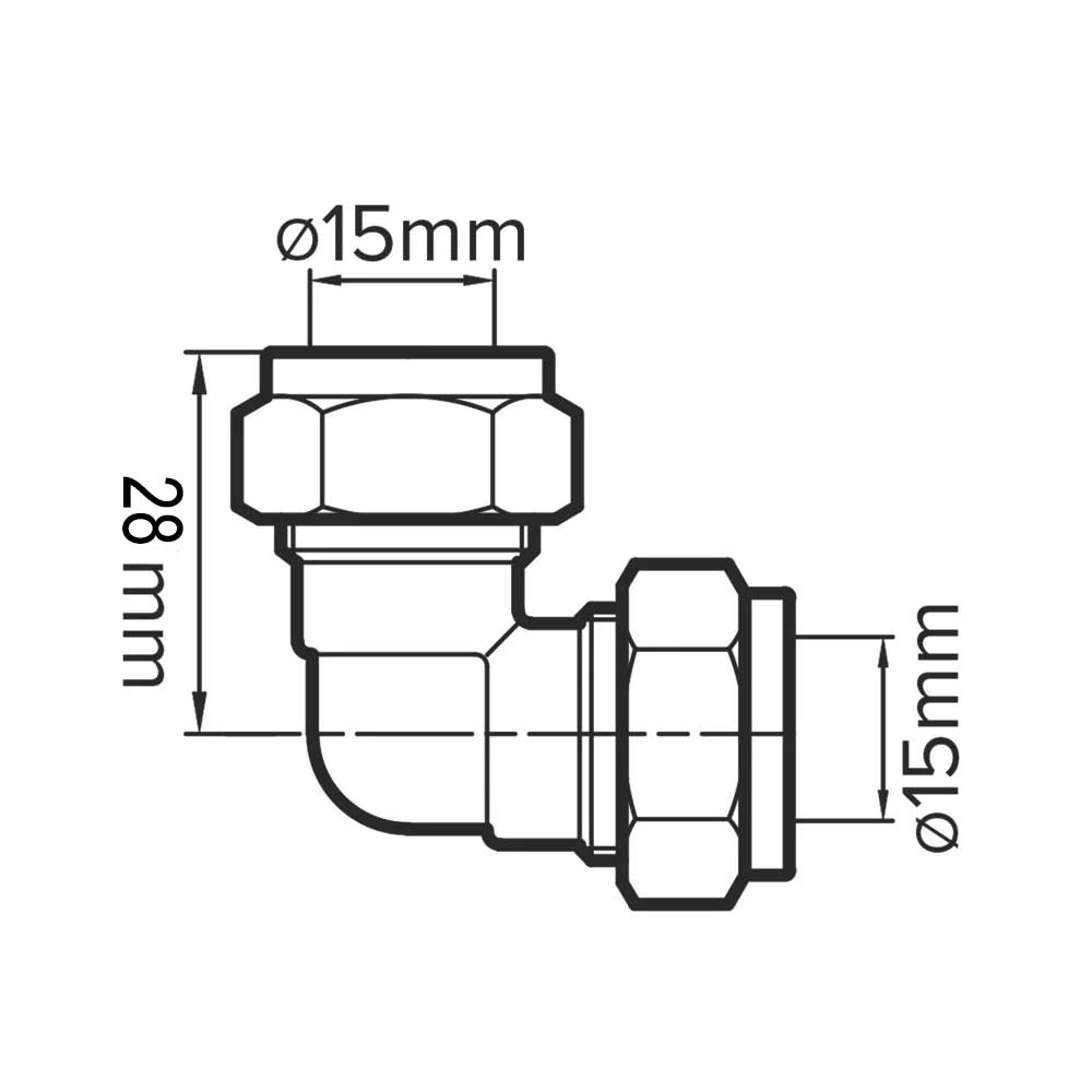 15mm Compression Elbow fittings technical drawing sizing