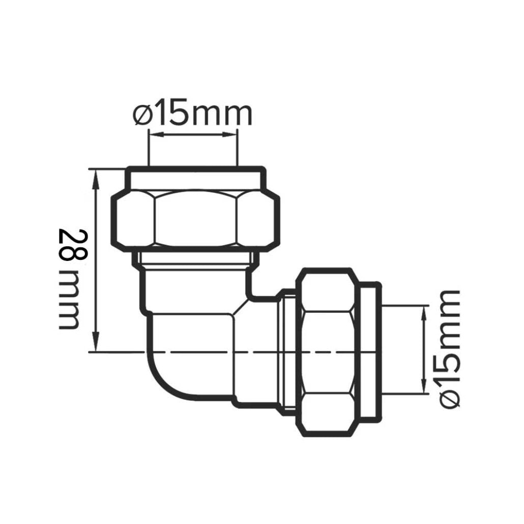 15mm Compression Elbow fittings technical drawing sizing