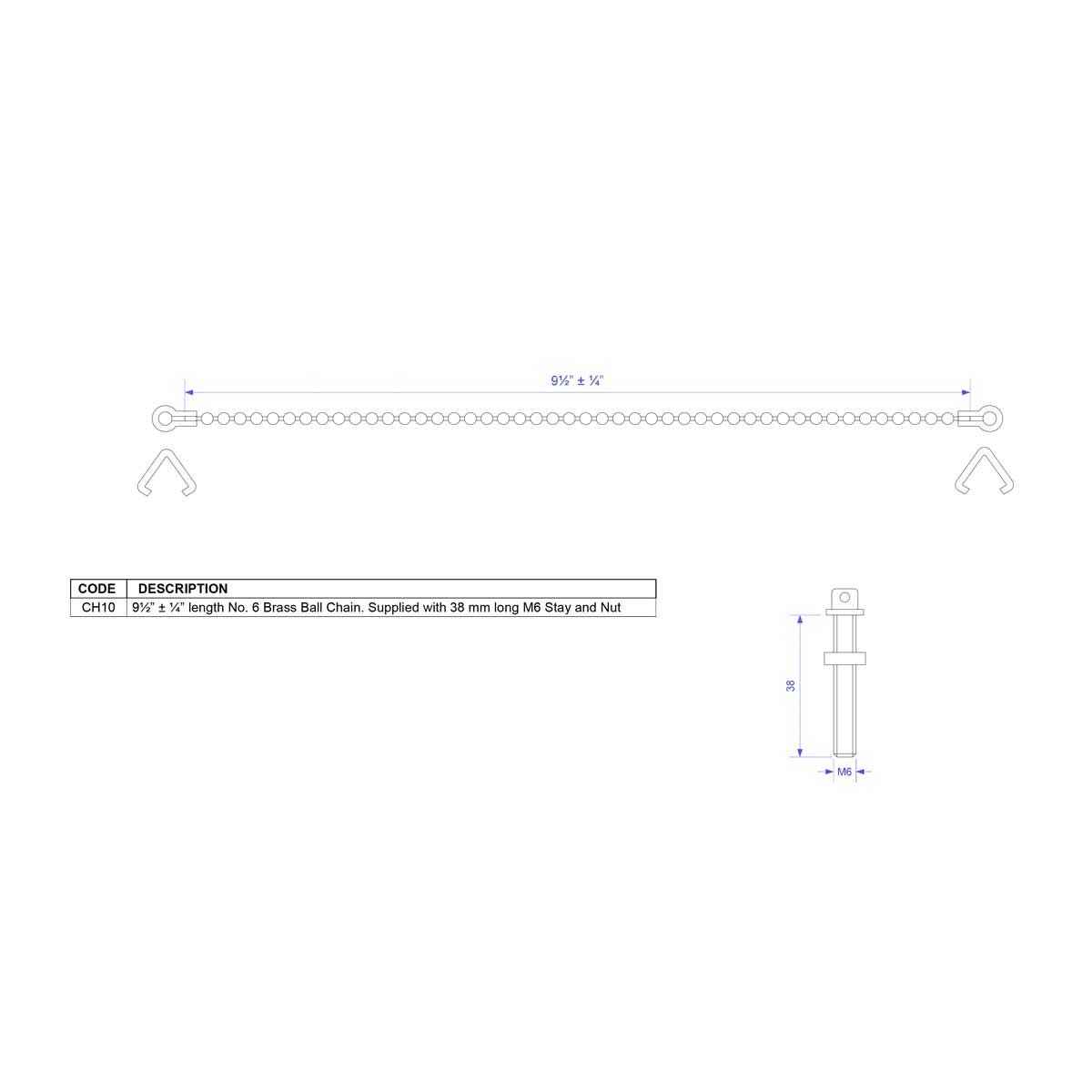 CARD-12 McAlpine No.12 Handipak - 10" Basin Chain and Stay - Bathroom Sink Plugs