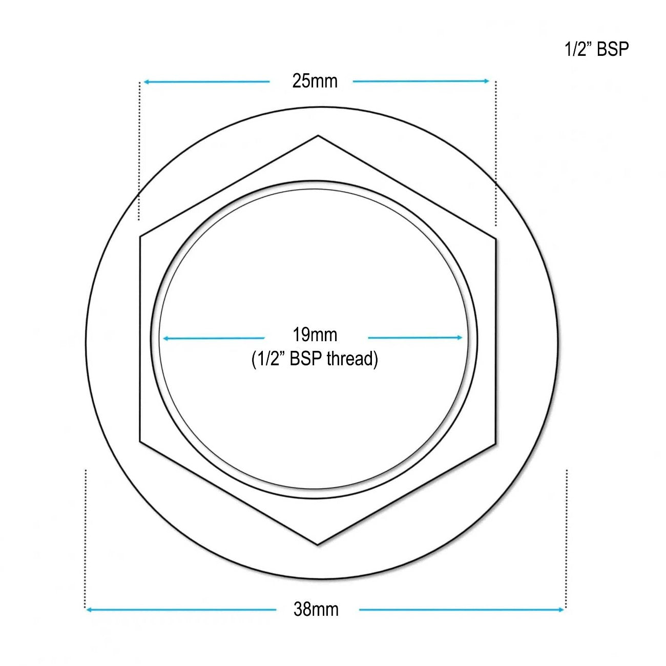 1/2 Brass flange hex Back Nut Wide Flanged technical drawing dimensions