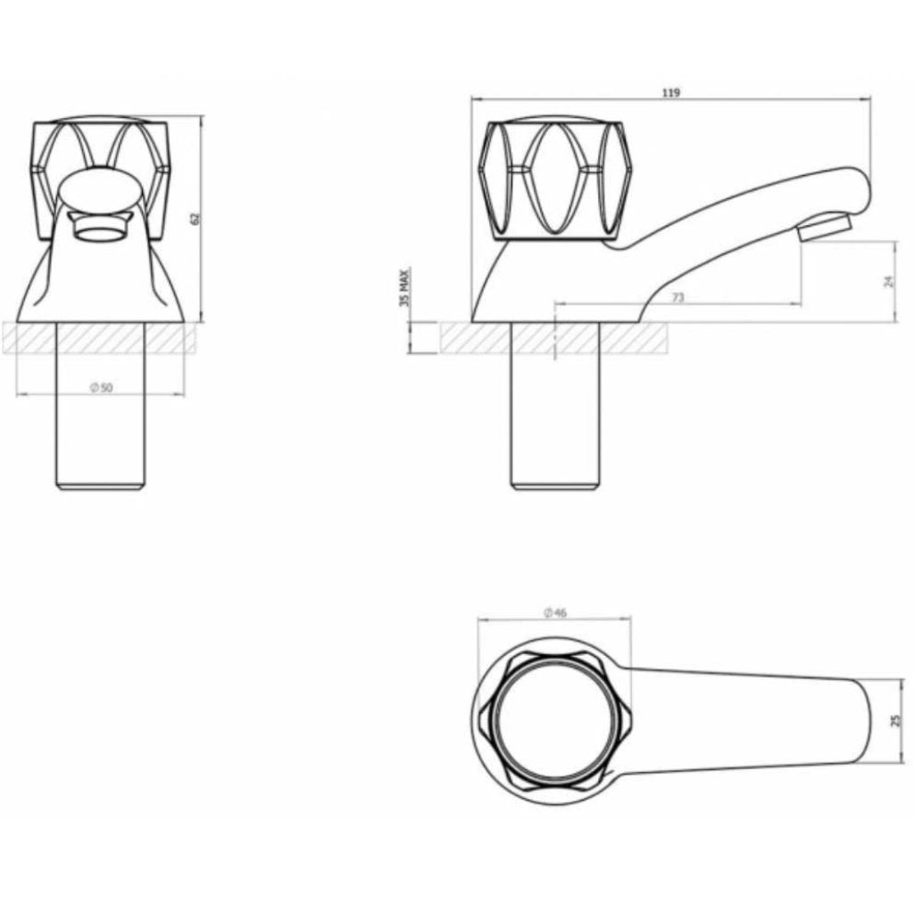 Pair Of Traditional Contract Bath Taps Chrome WRAS Approved dimensions graph