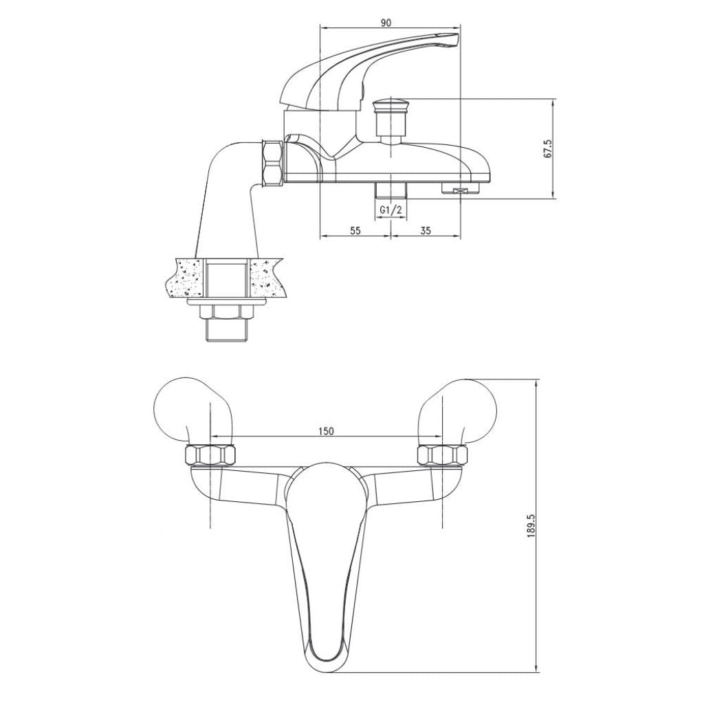 Bath Filler with Shower Mixer Tap Single Lever Pillars Chrome WRAS Deck Mounted dimensions chart